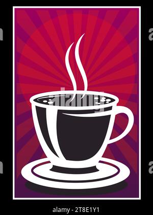 Kaffeetasse mit Dampf auf einem leuchtenden Hintergrund Poster Design Vektor Illustration. Stock Vektor