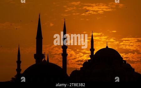 Moschee Sonnenuntergangshimmel, heilige Nacht, islamische Nacht und Silhouettenmoschee, islamische Tapeten. Suleymaniye-Moschee, Istanbul Stockfoto