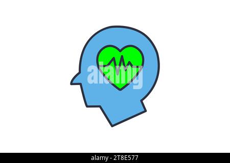 Symbol für psychische Gesundheit. Menschlicher Kopf Pulssymbol, medizinisches Gehirn und Herz. Symbol für psychische Gesundheit, Meditation, Wellness. Symbolstil für flache Linien. Einfach Stock Vektor