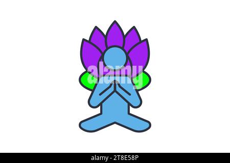 Meditationssymbol. Mensch mit Lotusblüte. Symbol für Meditation, Wellness, Spa. Symbolstil für flache Linien. Einfache Vektorkonstruktion bearbeitbar Stock Vektor