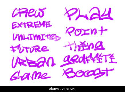 Sammlung von Graffiti Street Art Tags mit Wörtern und Symbolen in violetter Farbe auf weißem Hintergrund Stockfoto