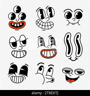 Retro-Zeichentrickfiguren lustige Gesichter. Grooviger Vintage 30er 60er 70er Jahre Smiley trifft Maskottchen mit verschiedenen Emotionen Stock Vektor