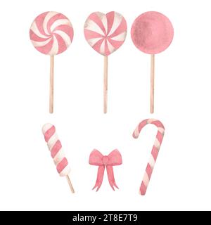 Ein Set von Weihnachtslutschen in Aquarellen, Neujahrsbonbons in Rot und weiß. Isolieren auf weißem Hintergrund, Abbildung. Vorlage für die Konstruktion von Stockfoto