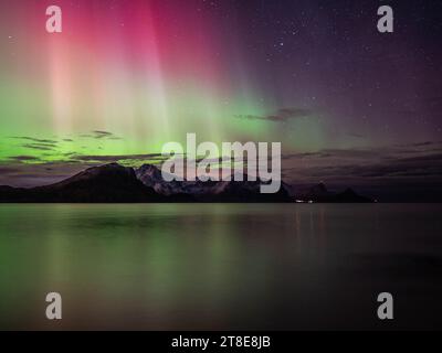 Nordlichter (Aurora Borealis) in Lofoten, Norwegen. Landschaftsfoto mit Bergen und See. Aurora reflektiert auf Wasser. Stockfoto