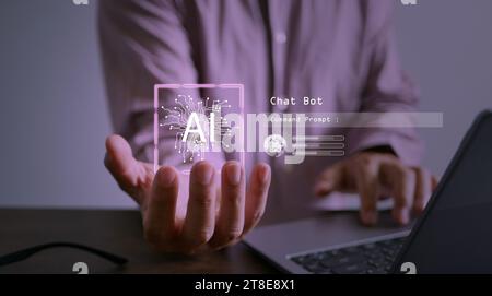 Chat Bot Chat mit AI. Virtuelle Grafik der KI-Technologie und der globalen Verbindung mithilfe der Eingabeaufforderung zur Generierung von Ergebnissen. Zukunftsweisende Technologietransformation Stockfoto