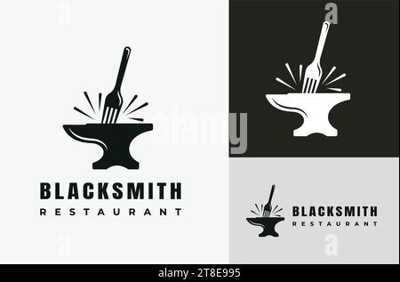 Schmied Logo Vektor Silhouette mit Gabel Symbol Symbol schwarz Hintergrund. Restaurant-Design Stock Vektor