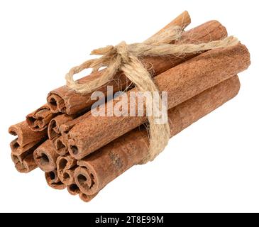 Trockene Zimtstäbchen, gebunden mit braunem Juteseil auf weißem isoliertem Hintergrund Stockfoto