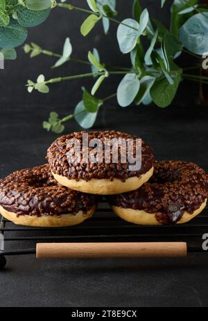 Schokoladen-Donuts, bestreut mit zerquetschten Nüssen auf einem schwarzen Tisch Stockfoto