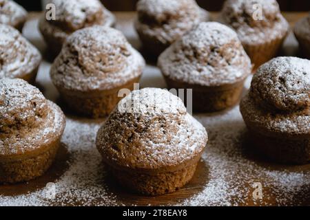 Nahaufnahme von köstlichen Schokoladen-Cupcakes auf einem Holzbrett und mit weißem Puderzucker bestreut Stockfoto