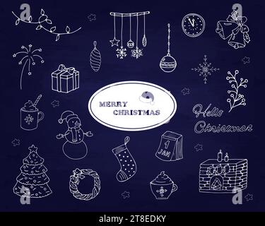 Weihnachtliche Elemente im Doodle-Stil. Satz abstrakter Winter-Ikonen von Weihnachten und Neujahr: Weihnachtsbaum, Kamin, Geschenke, Schneeflocke, Zweig, heiß c Stock Vektor