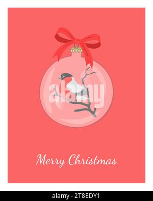 Weihnachtsglaskugel. Bullfink Vogel in transparenter Weihnachtskugel mit rotem Band. Weihnachtsgrußkarte auf rotem Hintergrund. Stock Vektor