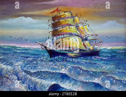 Professioneller Künstler handgemalt Original Meisterwerke Kunstmaler Ölmalerei Segelboot und Barque Brise im Meer, Junk Boot und Glückshandel Stockfoto