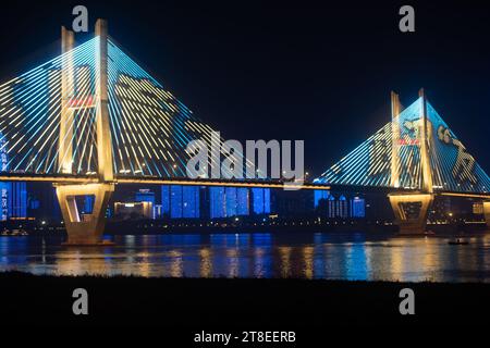 Peking, Chinas Provinz Hubei. November 2023. Am 20. November 2023 findet eine Lichtshow anlässlich des Weltkindertags auf der zweiten Yangtse-Brücke in Wuhan, der Hauptstadt der zentralchinesischen Provinz Hubei, statt. Credit: Du Zixuan/Xinhua/Alamy Live News Credit: Xinhua/Alamy Live News Stockfoto