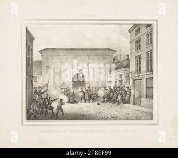 Kampf zwischen den belgischen Aufständischen und den Niederländern im Mechelse Poort in Antwerpen, 1830. Antwerpen. Belgische Unabhängigkeit. ANTWERPEN. Vanhemelryck 1830. ÜBERNAHME DES TORS VON MALINES AM 27. OKTOBER 1830. Lith. Von Jobard Stockfoto