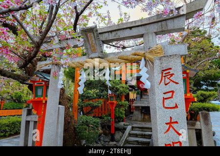 Kyoto, Japan - 6. April 2023: Tatsumi Daimyojin-Schrein in der Nähe der Tatsumu-Bashi-Brücke im Stadtteil Gion Stockfoto