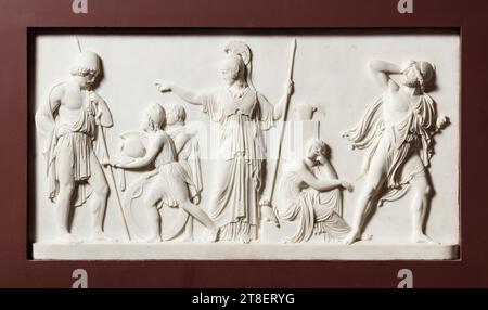 Ulysses erhält die Arme von Achilles, Bertel Thorvaldsen, 1770-1844, vermutlich 1832-1833, Skulptur, Relief, Sockelrelief, als Achilles vor den Mauern von Troja getötet wurde, seine prächtigen Waffen, die von keinem anderen als dem Schmiedegott Vulcan gemacht wurden, werden dem tapfsten Krieger verliehen. Ulysses und Ajax behaupten beide, und die Göttin der Weisheit, Minerva, die von der Eule zu erkennen ist und hier in der Mitte zu sehen ist Stockfoto