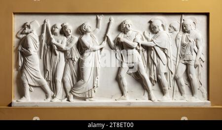 Alexander der große provozierte Thailänder, Persepolis in Brand zu setzen, Bertel Thorvaldsen, 1770-1844, 1865, Skulptur, Relief, in Thorvaldsens Werk wird Alexander der große hauptsächlich mit dem sogenannten Alexander Frieze von 1812 in Verbindung gebracht, der Alexanders Einzug nach Babylon darstellt. Und obwohl die Figuren Alexanders in den beiden Reliefs durchaus Ähnlichkeiten zeigen Stockfoto