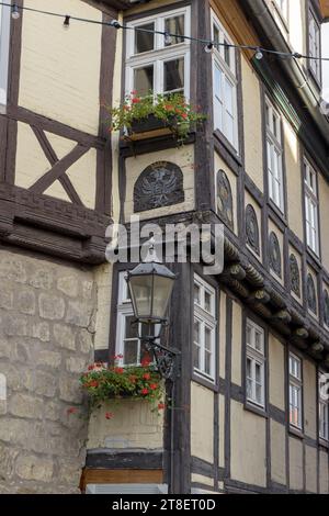 Detail eines historischen Fachwerkhauses in Quedlinburg, Sachsen-Anhalt Stockfoto