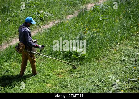 Rasenmähermann mit Saitentrimmer schneidet Gras an sonnigen Tagen Stockfoto