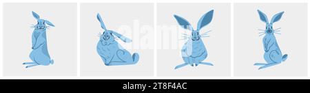 Handgezeichnete abstrakte Vektorgrafik Clipart Illustration Kollektion mit niedlichen, blauen, realistischen Hasenfiguren. Trendiges, modernes Design für Kinder Stock Vektor