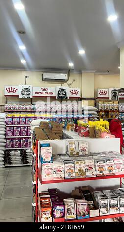 Futterabteilung für Hunde und Katzen. Regale mit verschiedenen Arten von Futter für Haustiere in einem Supermarkt in Bekasi, Indonesien. Bekasi, Indonesien, November Stockfoto