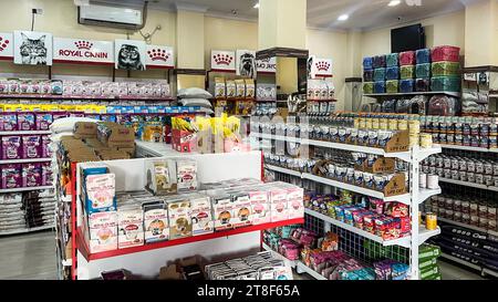 Futterabteilung für Hunde und Katzen. Regale mit verschiedenen Arten von Futter für Haustiere in einem Supermarkt in Bekasi, Indonesien. Bekasi, Indonesien, November Stockfoto