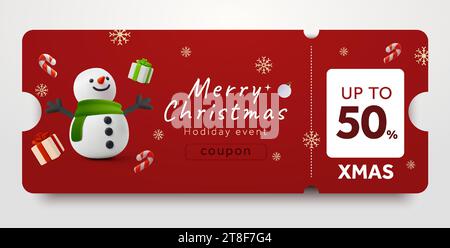 3D Merry Christmas Werbegutscheine mit niedlicher festlicher Dekoration, isoliert auf Hintergrund. 3D-gerenderte Gutscheinsymbole, Schneemann, Geschenkboxen, Schneeflocke. Weihnachtsgutschein. Vektorabbildung. Vektorabbildung Stock Vektor