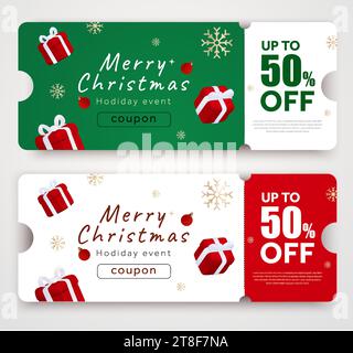 3D Merry Christmas Werbegutscheine mit niedlicher festlicher Dekoration, isoliert auf Hintergrund. 3D gerendertes Gutschein-Symbol, Geschenkboxen, Schneeflockenmuster. Weihnachtsgutschein. Vektorabbildung. Vektorabbildung Stock Vektor