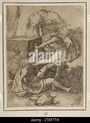 Cain Kills Abel, Lucas van Leyden, 1529, Grafik, Kupfergravur, Papier, Farbe, Druckertinte, Kupfergravur, Drucken, Höhe (Papierformat) 155 mm, Breite (Papierformat) 120 mm, 1529, L., Grafikdesign, Europa, Renaissance (1300 - 1690 Stockfoto