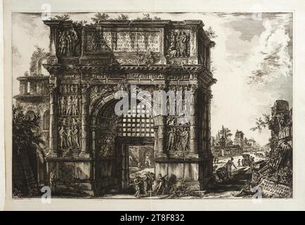 Blick auf den Trajan-Bogen in Benevento, Giovanni Battista Piranesi, 1778, Grafik, Kupfergravur, Ätzen, Papier, Farbe, Druckertinte, Kupfergravur, Ätzen, Drucken, Höhe (Plattengröße) 475 mm, Höhe (Papiergröße) 530 mm, Breite (Plattengröße) 715 mm, Breite (Papiergröße) 770 mm, VEDVTA DELL'ARCO, DI BENEVENTO NEL, REGNO DI NAPOLI, C. Piranesi Fece., 94., Graphic Design, European, Aufklärung (1690 - 1800 Stockfoto