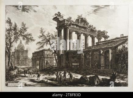 Blick auf den Tempel der Concordia im Forum Romanum, Giovanni Battista Piranesi, 1774, Grafik, Kupfergravur, Ätzen, Papier, Farbe, Druckertinte, Kupfergravur, Ätzen, Drucken, Höhe (Plattengröße) 470 mm, Höhe (Papierformat) 530 mm, Breite (Plattengröße) 705 mm, Breite (Papierformat) 770 mm, Altra Veduta degli avanzi dell Pro-, nao del Tempio della Concordia., 1. Arco di Settimio Severo. 2. Sa. Martina, Cavalier Piranesi F., Graphic Design, European, Aufklärung (1690 - 1800) Stockfoto