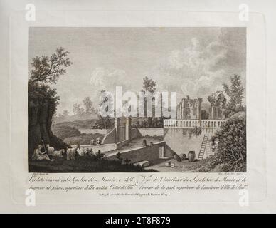 Blick auf das Innere des Grabes von Mamia und den Eingang zur antiken Stadt Pompeji, Vincenzo Alloja, 1806, Grafik, Kupfergravur, Papier, Farbe, Druckertinte, Kupfergravur, Drucken, Höhe (Plattenformat) 225 mm, Höhe (Papierformat) 295 mm, Breite (Plattenformat) 305 mm, Breite (Papierformat) 370 mm, Ales.o d'Anna DIS., Vinc. Aloja Inc. 1806, Veduta interna del Sepolcro di Mamia, e dell', ingresso al Piano superiore della antica Città di Pompei, Vue de l'interieur du Sepulchre de Mamia, et de, l'entrée de la part superieure de l'ancienne Ville d'Pompei Stockfoto