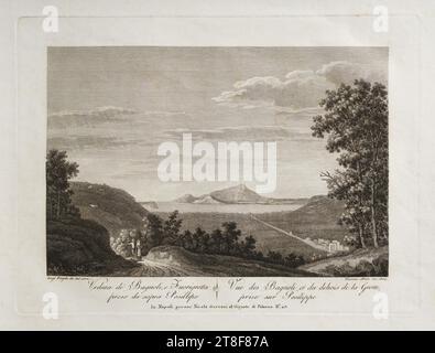 Blick auf Bagnoli und Fuirogrotta von oben Posillipo, Vincenzo Alloja, 1804, Grafik, Kupfergravur, Papier, Farbe, Druckertinte, Kupfergravur, Drucken, Höhe (Plattengröße) 225 mm, Höhe (Papierformat) 295 mm, Breite (Plattenformat) 305 mm, Breite (Papierformat) 370 mm, Luigi Fergola dis dal vero, Vincenzo Aloja Inc. 1804, Veduta di Bagnoli, e Fuirogrotta preso da sopra Posillipo, Vue des Bagnoli, et duhois de la Grotte Prise sur Posilippe, in Napoli presso Nicola Gervasi al Gigante di Palazzo No.23, Graphic Design, European, Modernity (1800 - 1914), Printer Stockfoto