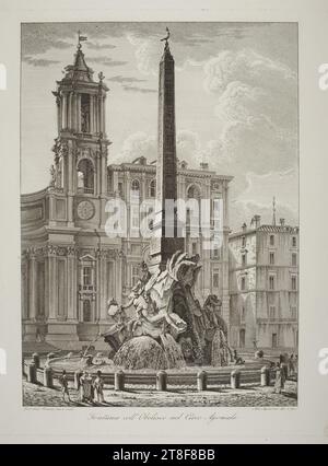 Fontana coll'Obelisco nel circo Agonale (Brunnen der vier Flüsse), Antonio Acquaroni, CA. 1837, Graphic Art, Aquatint, Gian Lorenzo Bernini (1598–1680) war das künstlerische Genie, das alle anderen im Rom seiner Zeit überschattete. Sein Brunnen auf der Piazza Navona, der vier Flüsse symbolisiert, wurde 1648–51 im Auftrag von Papst Innozenz dem Zehnten (1574–1655) hergestellt. Die vier Figuren im Brunnen sind Allegorien für die Flüsse Nil, Donau, Ganges und Platte und repräsentieren Afrika, Europa Stockfoto