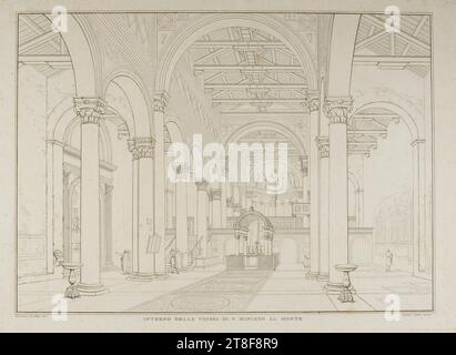 Innenansicht der Kirche San Miniato al Monte, Paolo Fumagalli, 1700er-1800er Jahre, nicht später als 1870, Grafik, Ätzen, Papier, Farbe, Druckertinte, Ätzen, Bedrucken, Höhe (Plattengröße) 320 mm, Höhe (Papiergröße) 382 mm, Breite (Plattengröße) 455 mm, Breite (Papiergröße) 465 mm, Francesco Frullani DIS., Lasiano figlio Incise, INTERNO DELLA CHIESA DI S. MINIATO AL MONTE, Graphic Design, europäisch Stockfoto