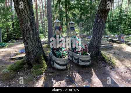 Amari Pilot Cemetary, alter russischer Militärfriedhof aus sowjetischer Zeit in der Nähe der ehemaligen russischen Militärbasis in Estland, mitten in einem Wald Stockfoto