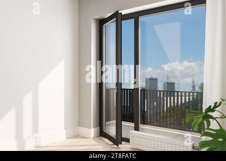 3D Abbildung. Die offene schwarze, moderne Plastiktür mit Fenster im Zimmer. Stockfoto