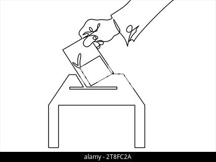 Symbol für Abstimmungslinie. Papier von Hand in das Abstimmungsfeld legen – durchgehende Linienzeichnung Stock Vektor