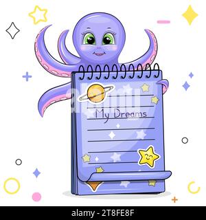 Ein süßer Karikaturkrake mit blauem Notizbuch mit Aufklebern. Vektorillustration eines Tieres auf weißem Hintergrund mit Sternen, Kreisen. Stock Vektor