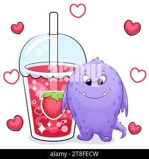 Niedliches Cartoon-Monster mit einem großen Erdbeergetränk. Vektor-Illustration eines Fantasy-Tieres und einer Tasse rotes Wasser auf weißem Hintergrund mit roten Herzen Stock Vektor