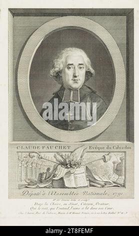 Porträt eines Menschen mit religiösen Gegenständen und einigen Büchern unten. Links und rechts von diesem Gebäude. CLAUDE FAUCHET Bischof von Calvados. Mitglied der Nationalversammlung, 1791. Mie. Esel. Deline und Formen der Bootstour. Im Vorsitz, im Senat, Bürgerin, Redner, der ihn sieht, wer ihn hört, liebt und in seinem Herzen liest. Chez l'Auteur, Rue de l'arbr-sec, Haus des Notars Monnet, gegenüber der Rue Bailleul N°. 11 Stockfoto