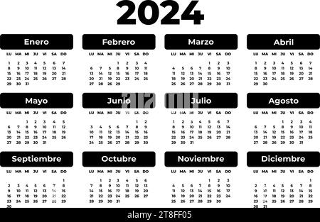 Spanischer horizontaler rechteckiger schwarzer Kalender für 2024 Jahre. Weißer Hintergrund. Isoliertes Vektorbild. Illustrationsvorlage für Design, Planer Stock Vektor