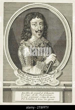 LOUIS.XIII.dit le Iuste, König von Frankreich und Navarra geboren, in Fontaine-Bleau am 14.7bre. 1606. Starb am 14. Mai 1643 in St., Germain en Laye. Stich von E. Desrochers auf der Rue du Foin in der Nähe der Rue S.Iacques in Paris. In den Titeln Groß und Augustus. De sage et de Victorieux, Louis, der sich dem der Gerechten anschloss, hat all seinen Vorfahren Ehre gemacht Stockfoto