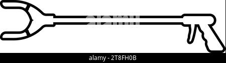 Lange Reichweite Greifer Wurfpflücker Greifer Abfallsammler Pick-up Werkzeug Klauenausrüstung Arm Handkontur Umrisslinie Symbol schwarze Farbe Vektor Illustration Stock Vektor