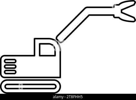 Sloopkraan Baumaschine Abbruch schneiden Messer Kran LKW Kontur Umrisslinie Symbol schwarze Farbe Vektor Illustration Bild dünne flache Art Stock Vektor