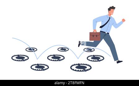 Geschäftsmann springt über viele Fallen, um Geschäftserfolg zu erzielen. Zielerreichung oder Erfolg in riskanter Situation. Fehler und Fehler. Vermeiden Sie Fallstricke Stock Vektor