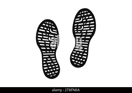 Fußabdrücke von menschlichen Schuhen. Ein Paar Stiefel oder Sneakers. Linkes und rechtes Bein. Schuhsohle. Schwarzweiß-Vektor isoliert auf weißem Hintergrund. Symbol, Symbol, Piktogramm. Für Druck, Designelement Stock Vektor