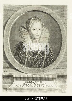 Æ Pinx. Aubert Sculp. ELIZABETH, Königin von England, geboren 8. 7.ber 1533. Gestorben 3. April 1603. Abbildung von: M. Garnier: Histoire de France, Paris, 1781, S. 269 Stockfoto