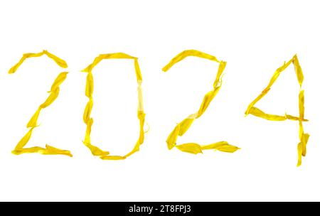 Neujahr 2024 aus Damiana-Blütenblättern auf weißem Hintergrund Stockfoto