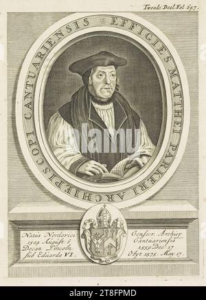 PORTRÄT VON MATTHEW PARKER, ERZBISCHOF VON CANTUARY. Geboren in Nordivici Consecr. Archiep, 1504. August: 6 of Canterbury, Dekan von Lincoln 1559: 17. Dezember unter Edward VI Obyt 1575. Mai. Zweiter Band Fol 647 Stockfoto